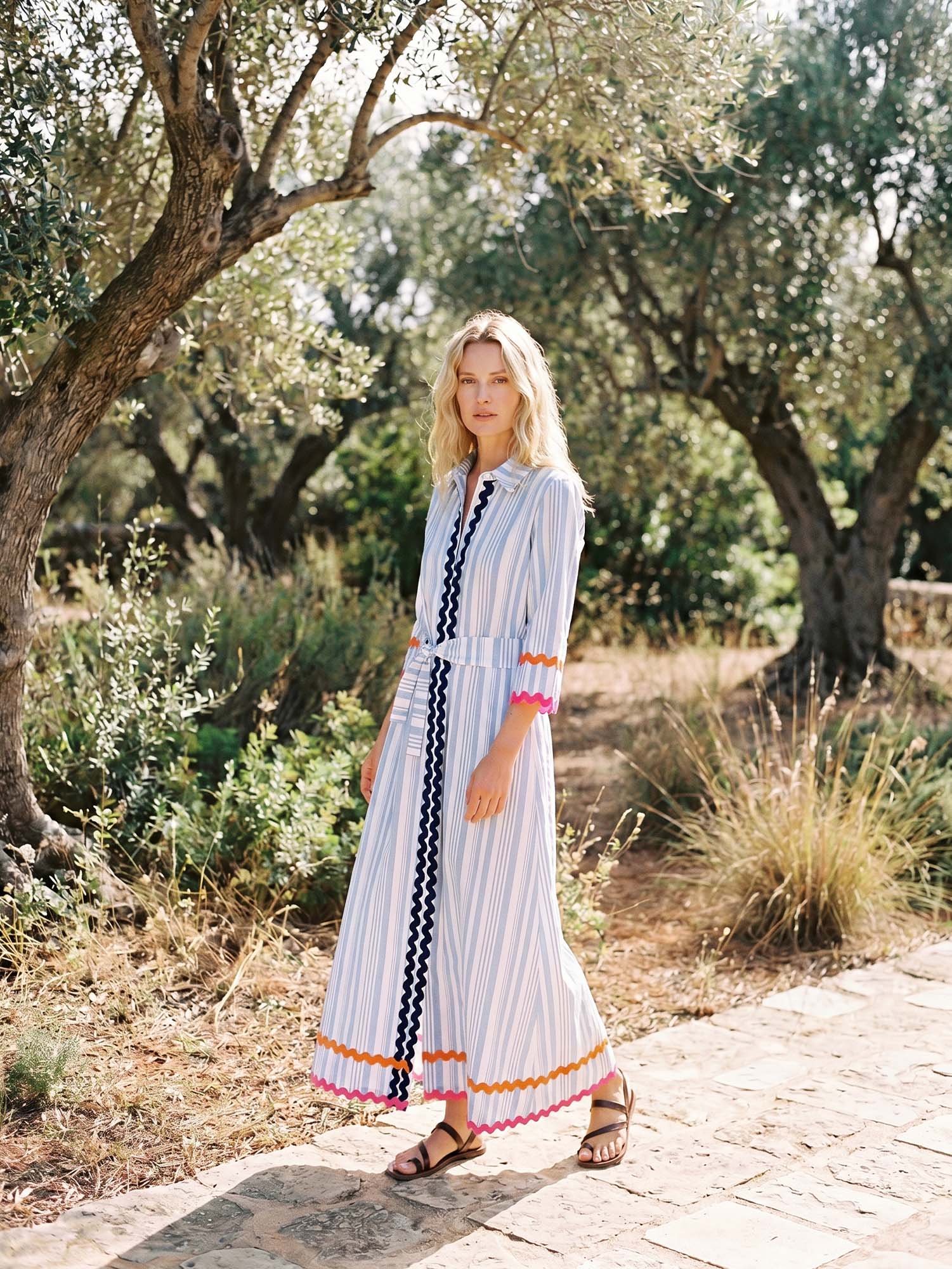 BLUE STRIPED SHIRT DRESS WITH RIVET TRIM
