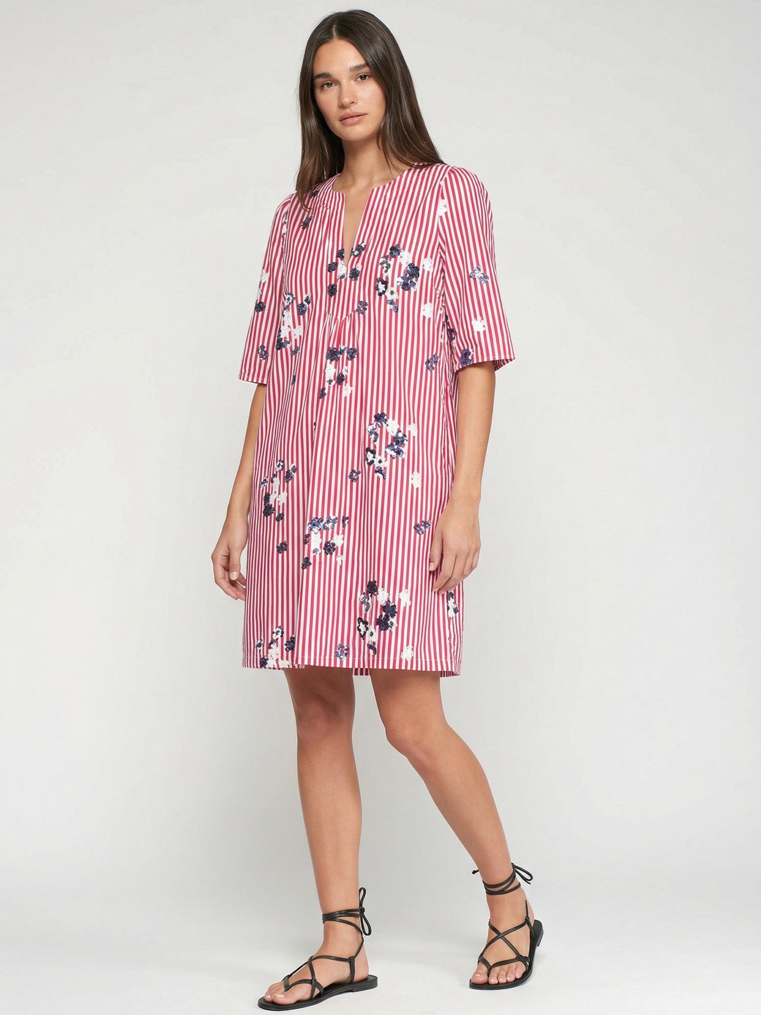 RED STRIPED DRESS WITH FLOWERS AND SEQUINS