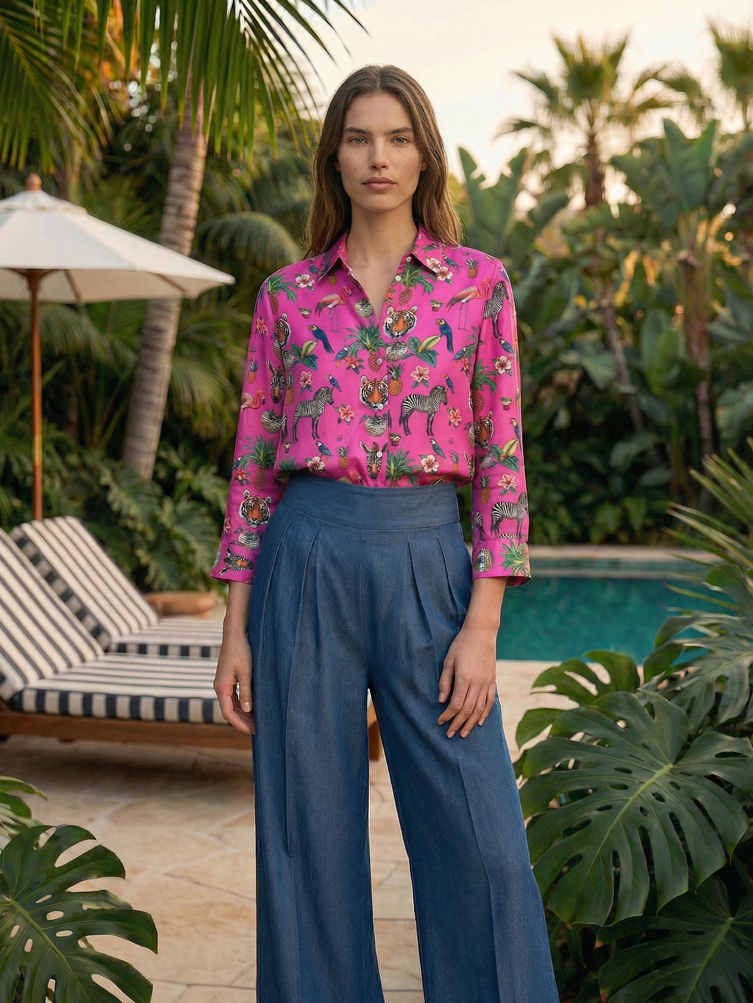 FUCHSIA SHIRT WITH JUNGLE DISCO PRINT
