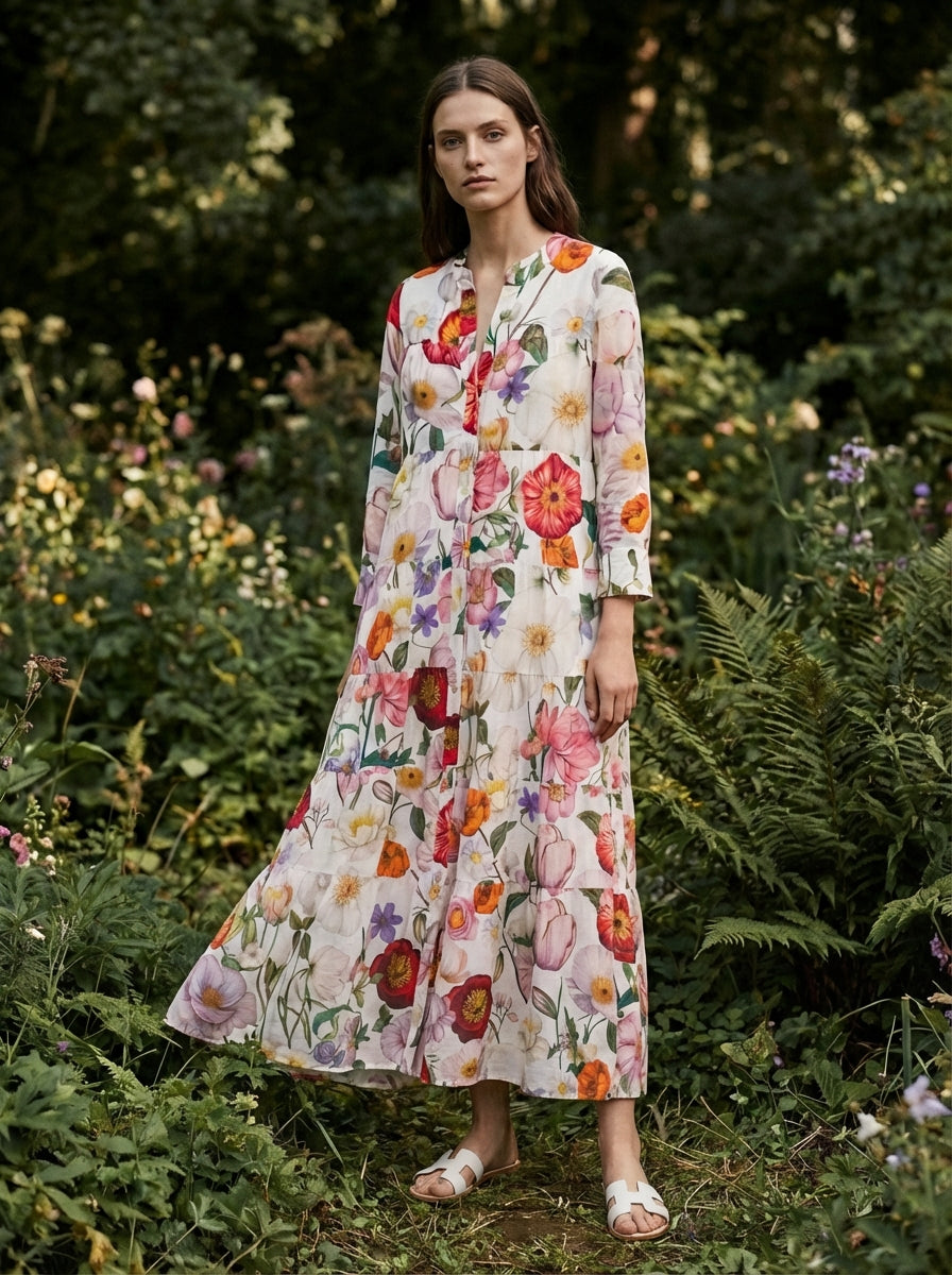 VESTIDO LARGO ESTAMPADO FLORES MULTICOLOR
