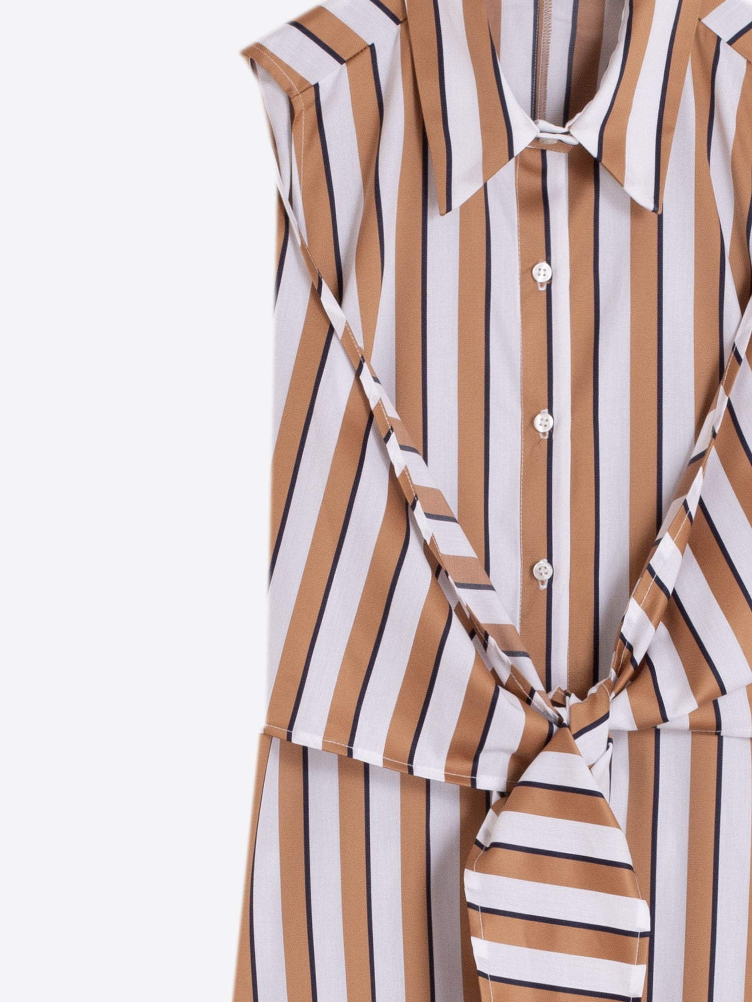 VESTIDO MIDI SIN MANGAS LAZO RAYA CAMEL
