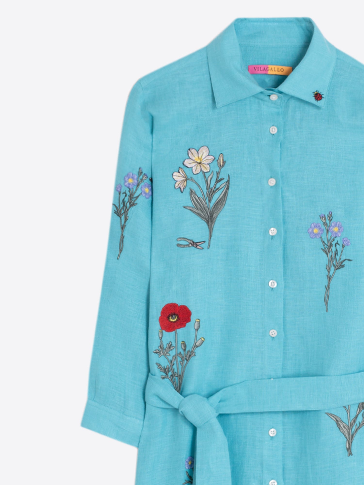 VESTIDO CAMISERO TURQUESA BORDADO FLORAL