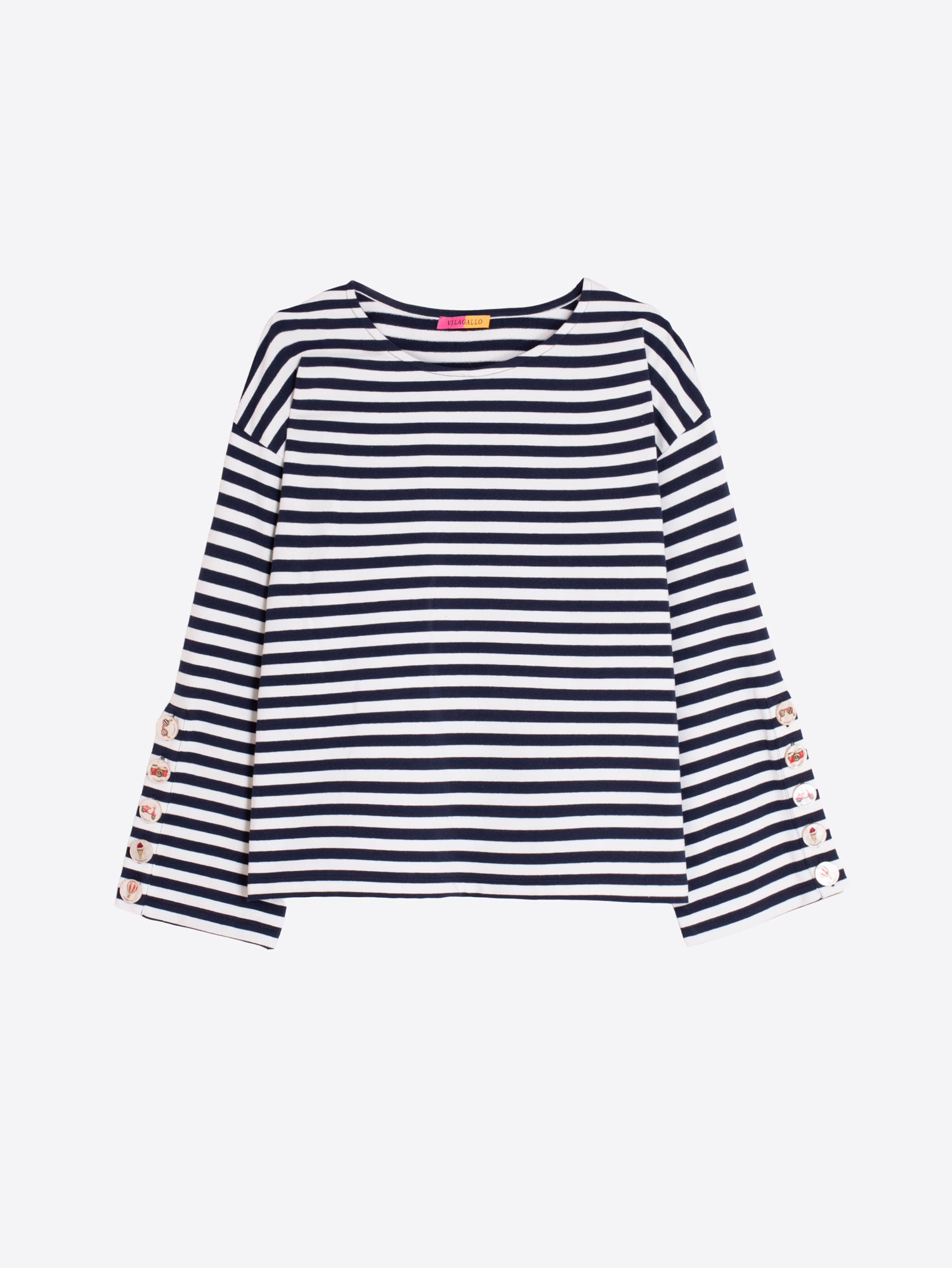 CAMISETA RAYAS MARINO MANGA LARGA BOTONES ILUSTRADOS