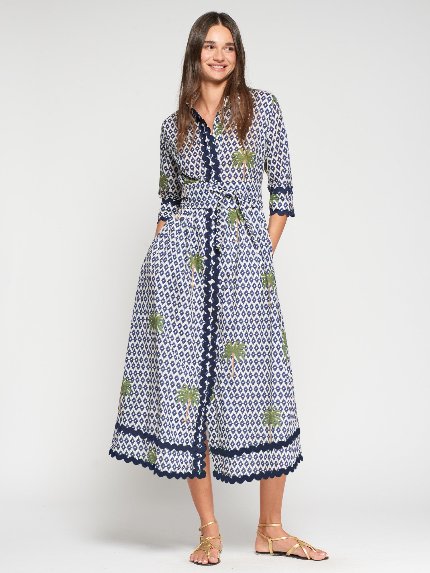 VESTIDO ESTAMPADO PALMERAS RIBETE MARINO