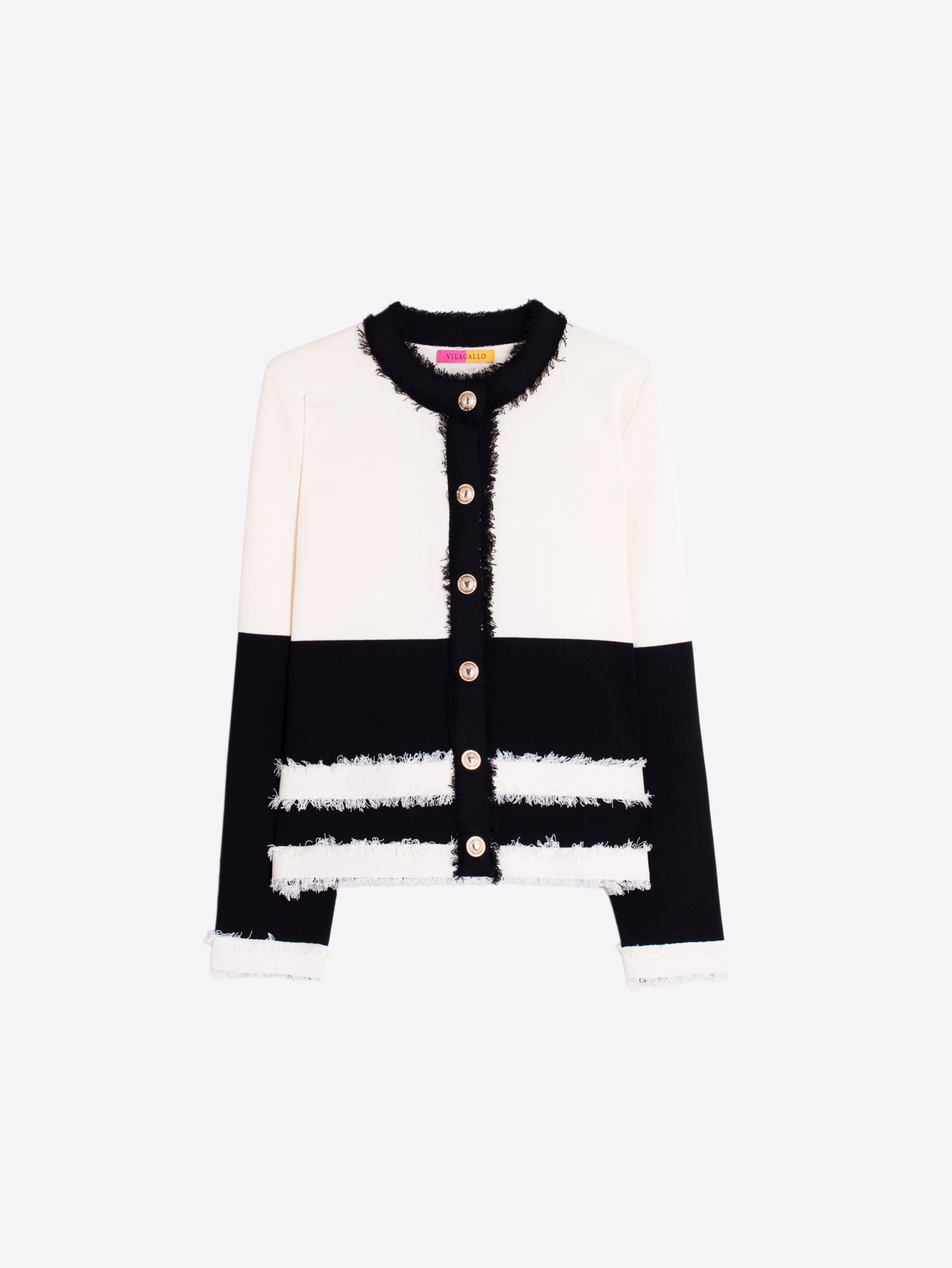 CHAQUETA BICOLOR NEGRO Y CRUDO RIBETES DESHILACHADOS