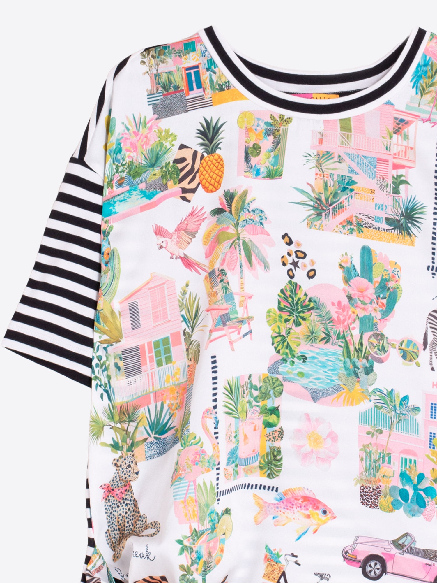 CAMISETA ESTAMPADO TROPICAL RAYAS LAZO LATERAL