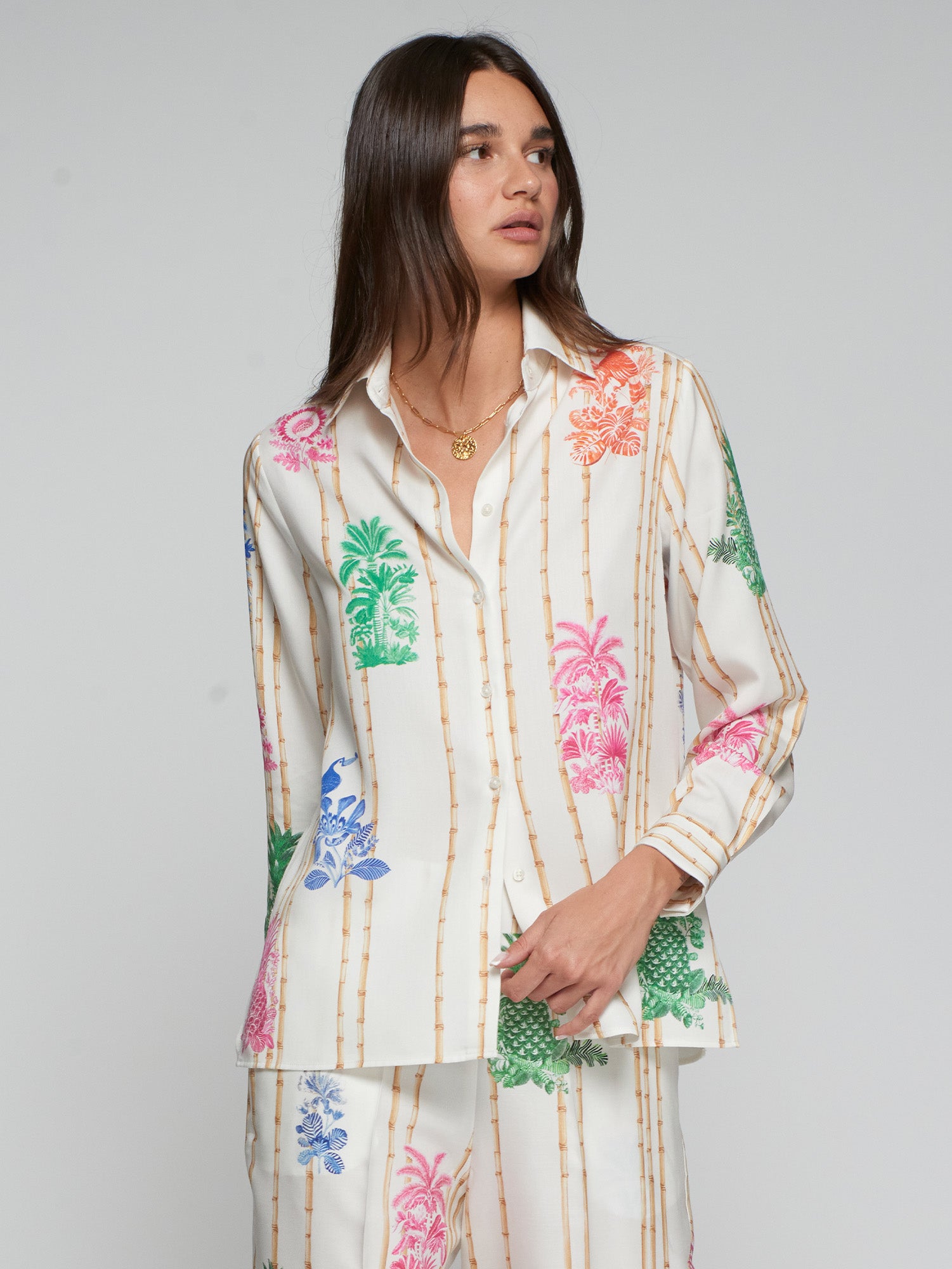 CAMISA ESTAMPADO BAMBÚ Y MOTIVOS TROPICALES