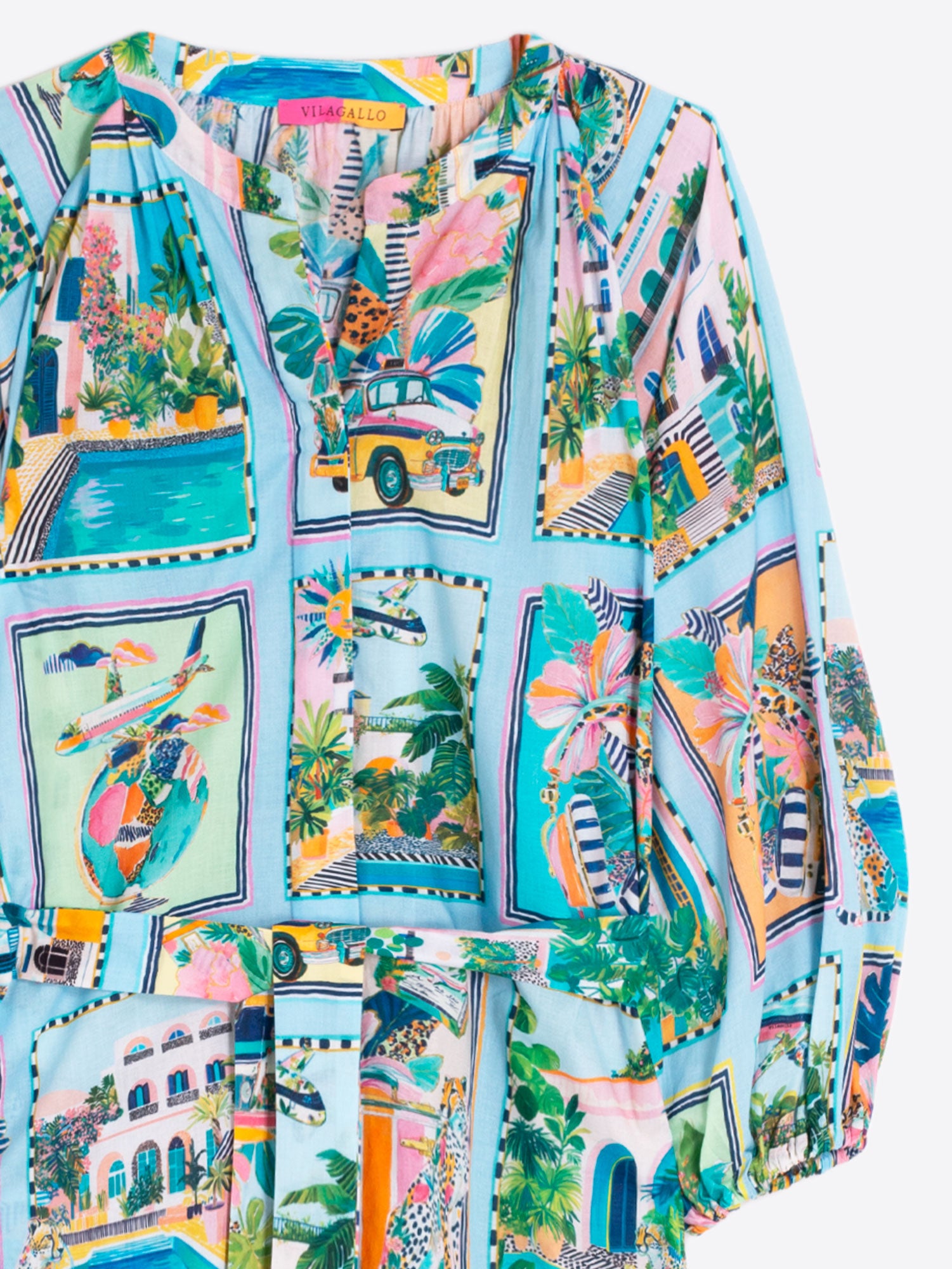 VESTIDO ESTAMPADO ESCENAS TROPICALES TURQUESA
