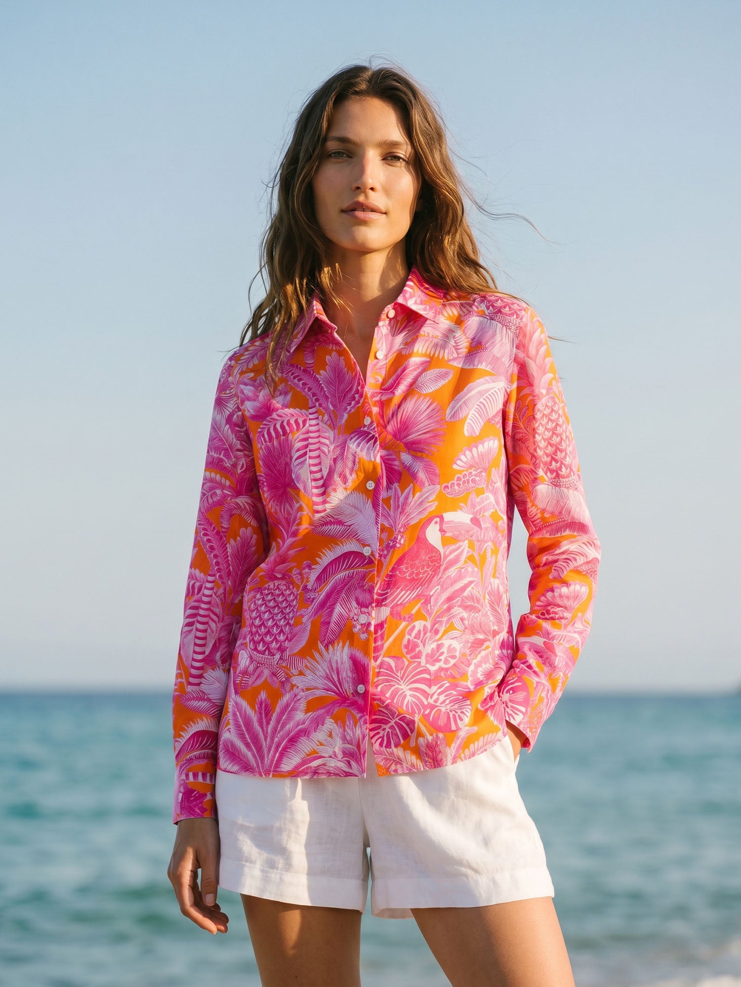 CAMISA TROPICAL NARANJA Y ROSA
