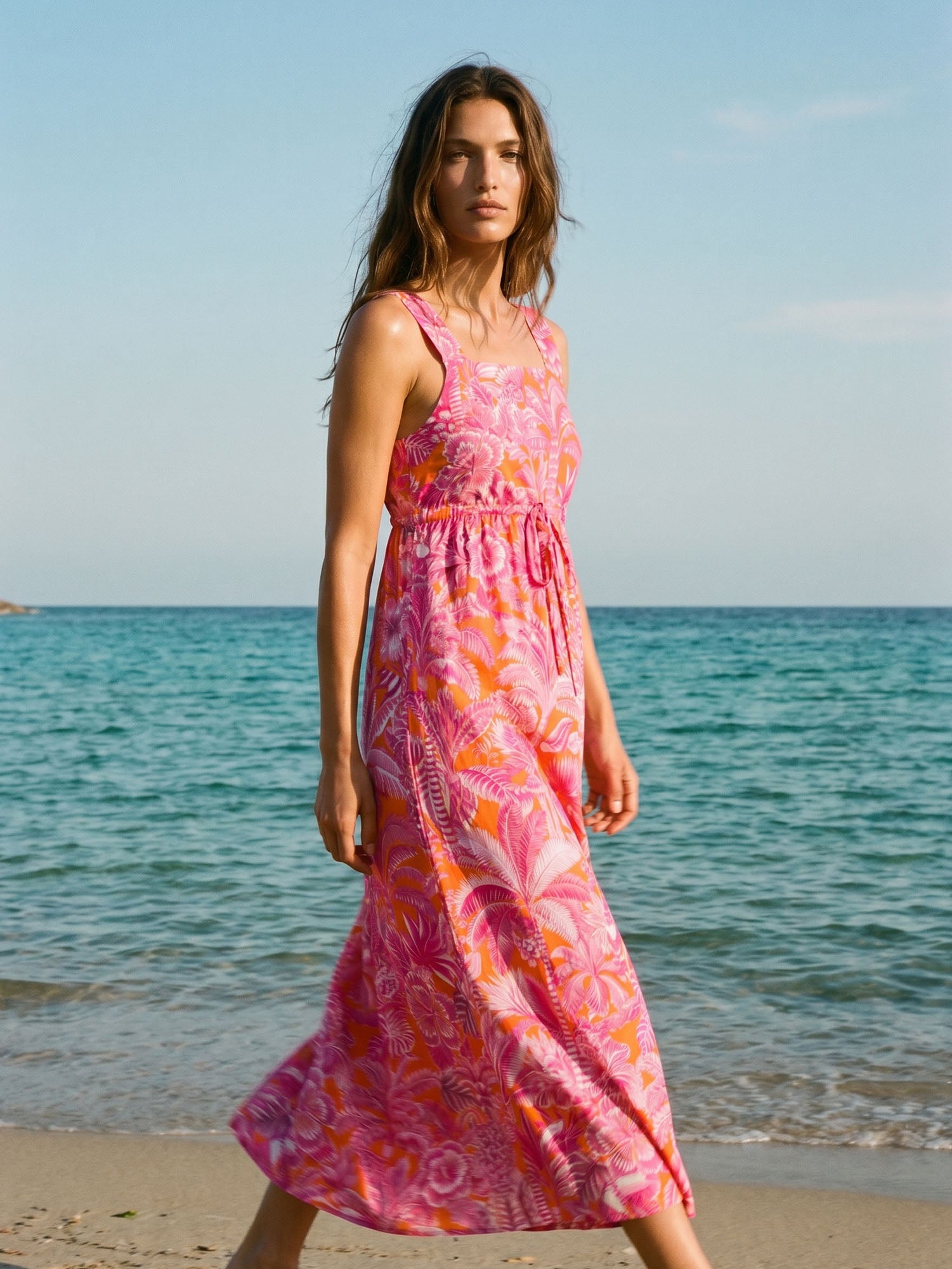 VESTIDO LARGO TROPICAL NARANJA Y ROSA