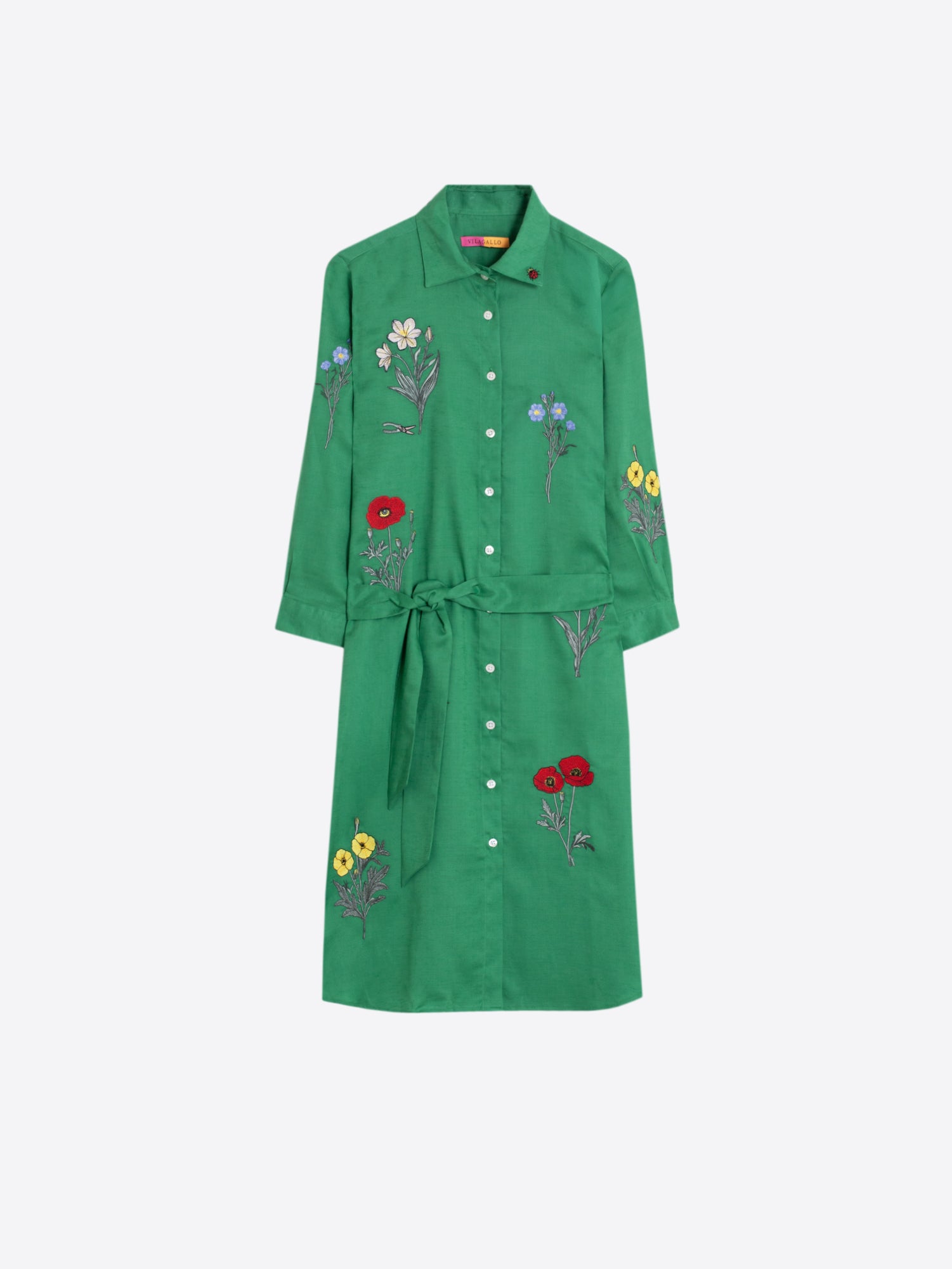 VESTIDO CAMISERO VERDE BORDADO FLORAL