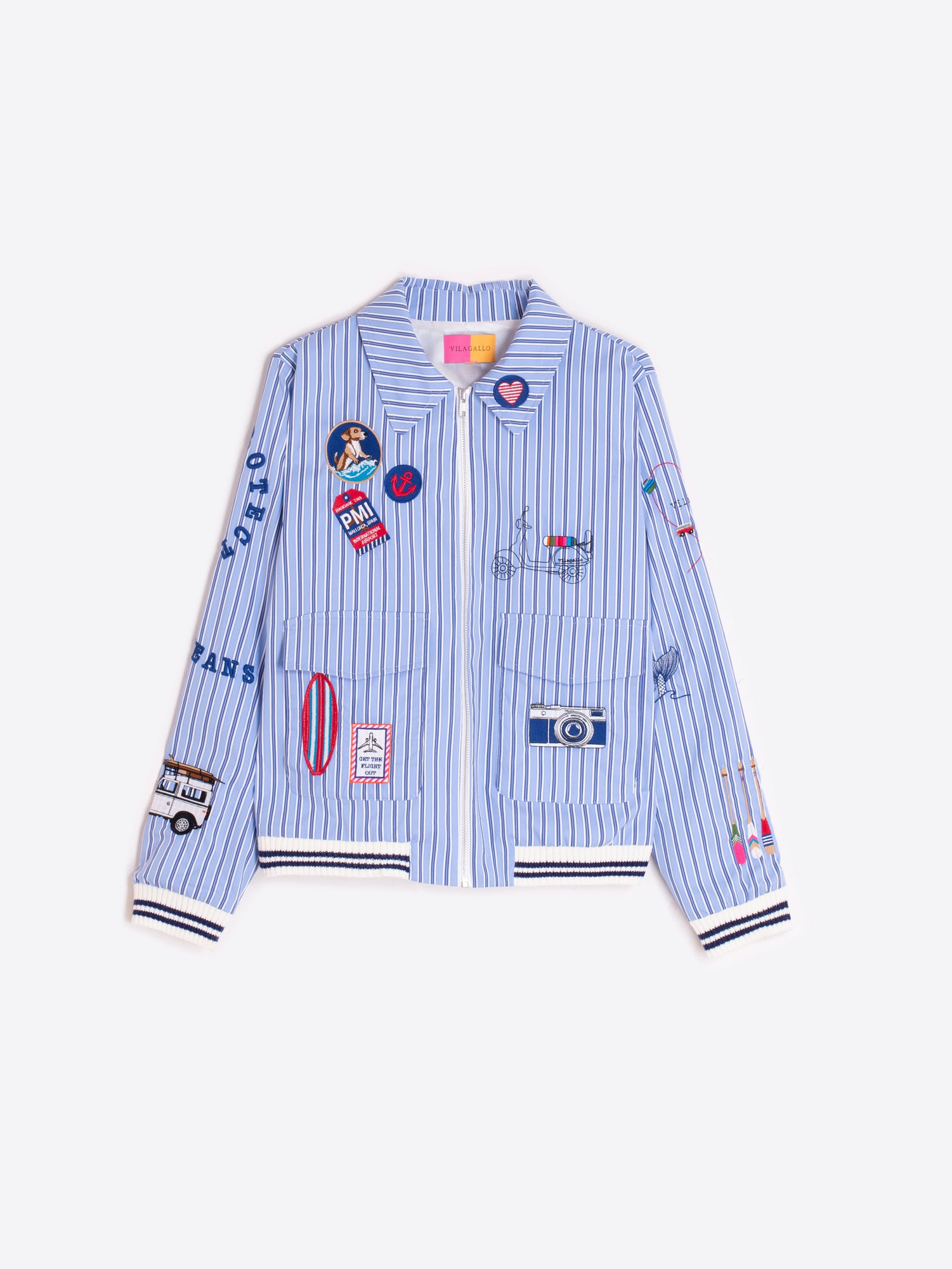 CHAQUETA AZUL RAYAS PARCHES BORDADOS