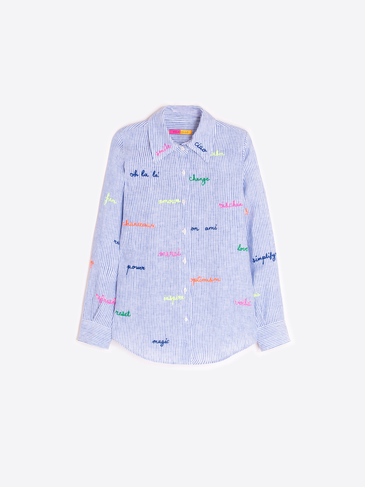 CAMISA AZUL RAYAS PALABRAS BORDADAS