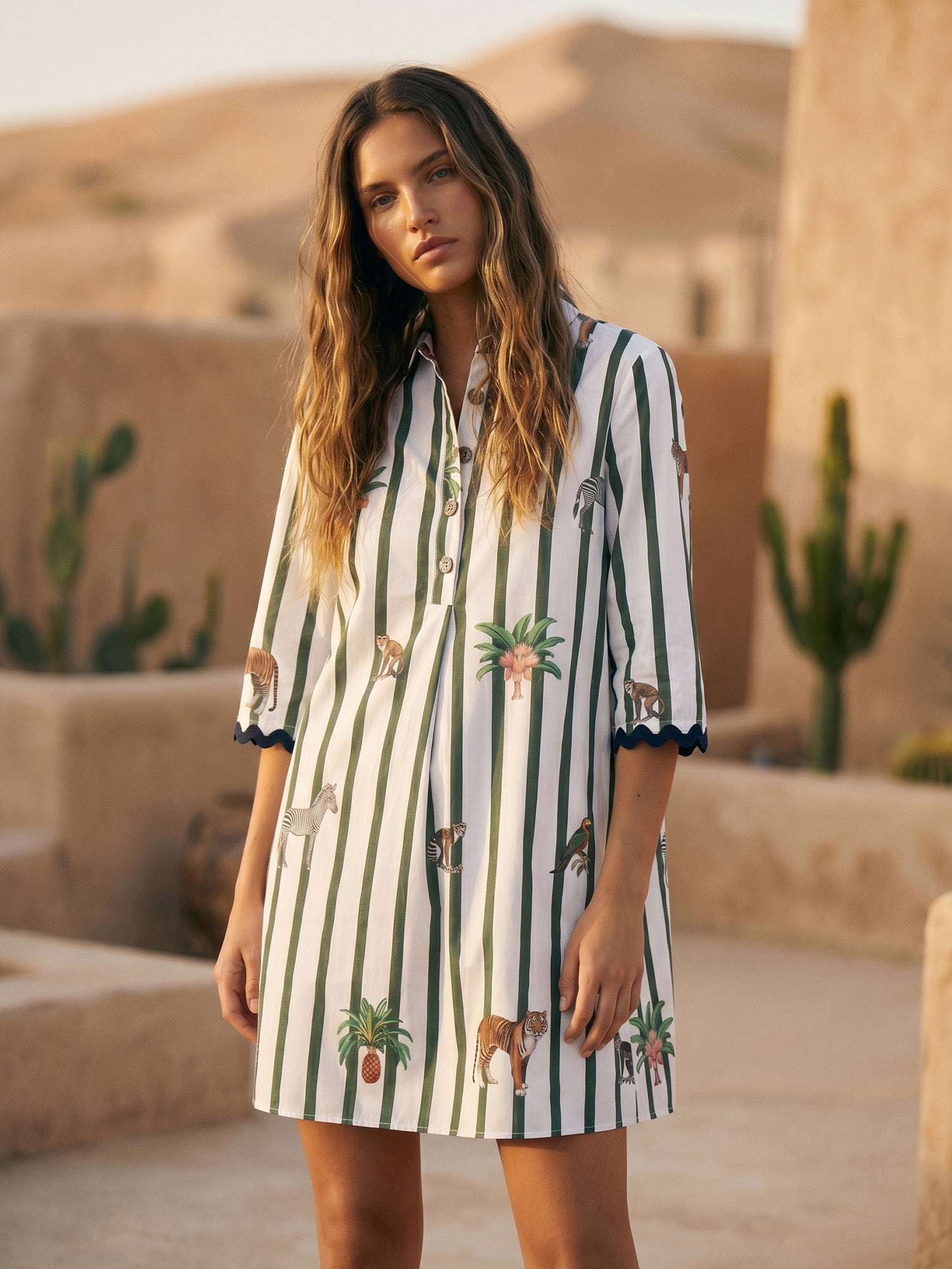 VESTIDO CAMISERO DE RAYAS VERDES ILUSTRACIONES