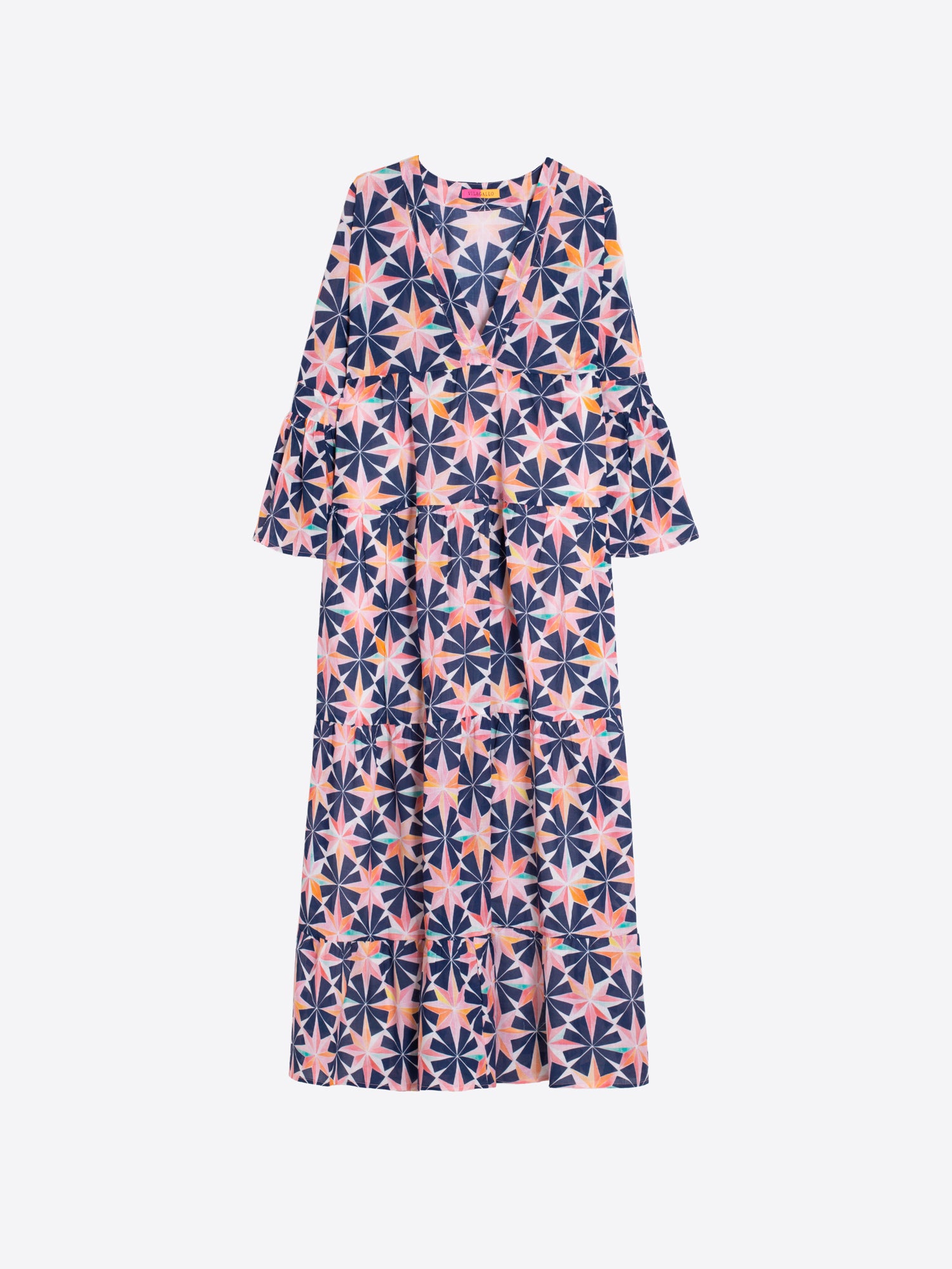 VESTIDO ESTAMPADO GEOMÉTRICO VOLANTES MANGA