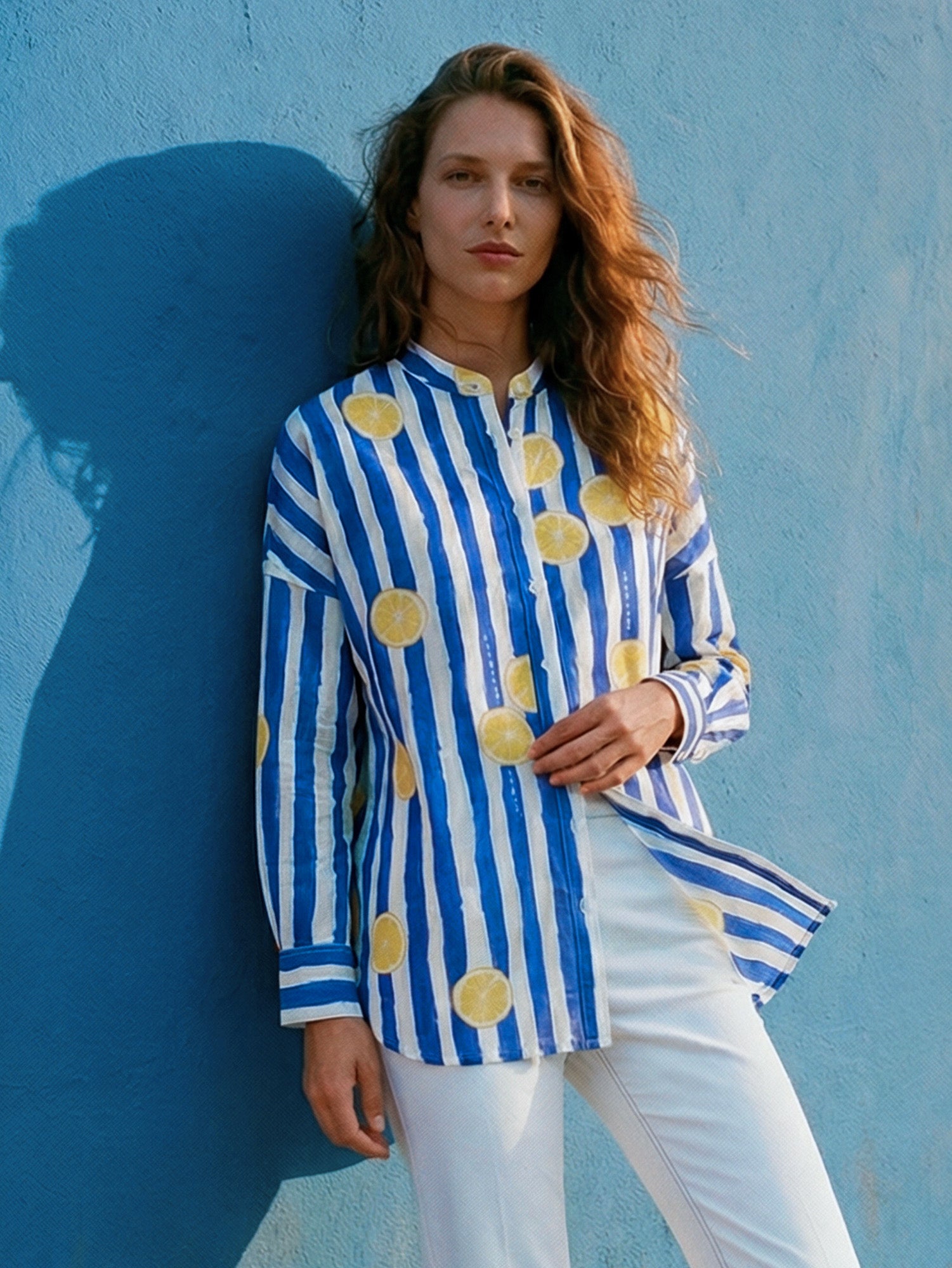 CAMISA RAYAS AZULES ESTAMPADO LIMONES