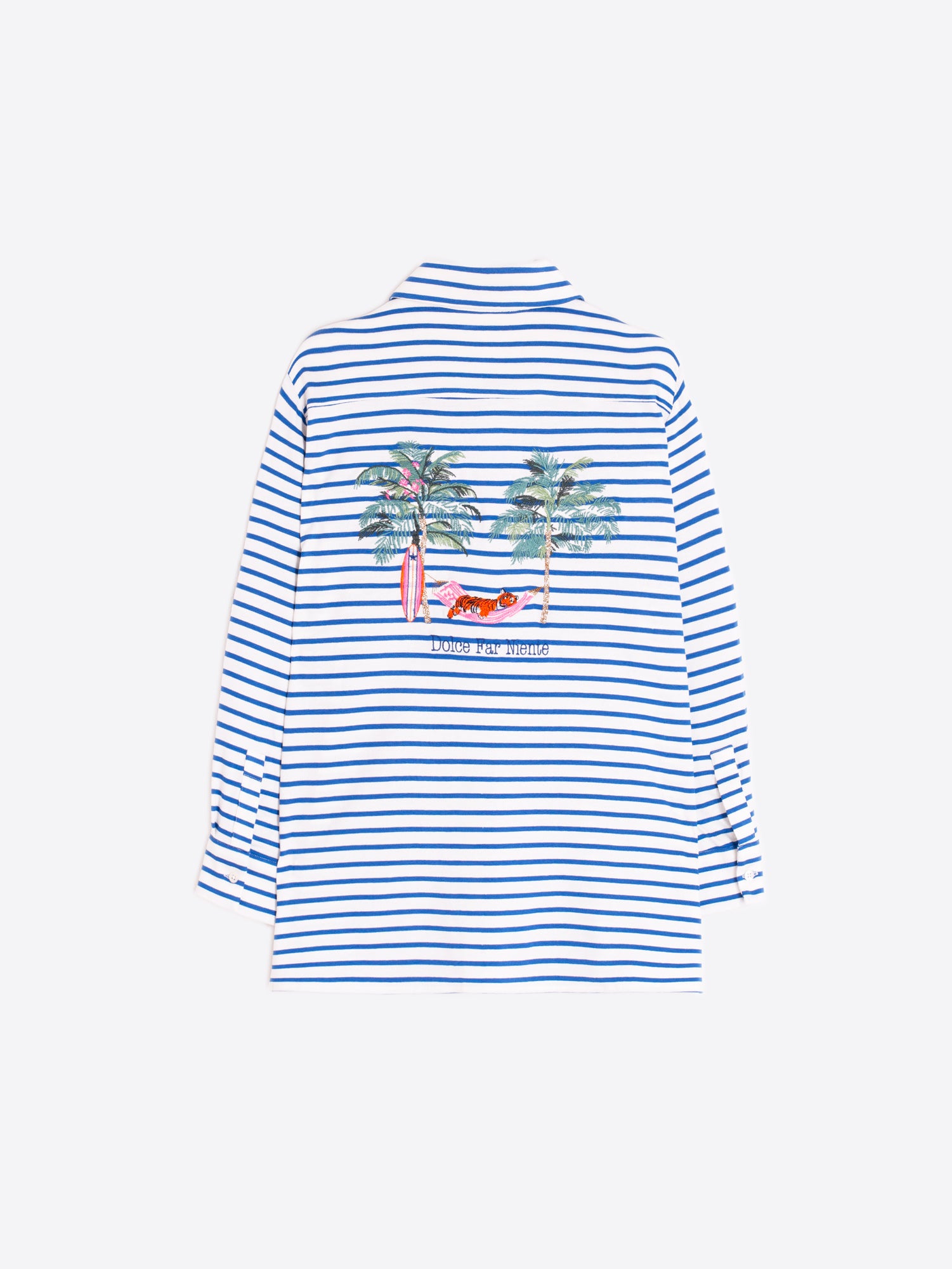 CAMISA RAYAS AZULES ESTAMPADO PALMERAS ESPALDA