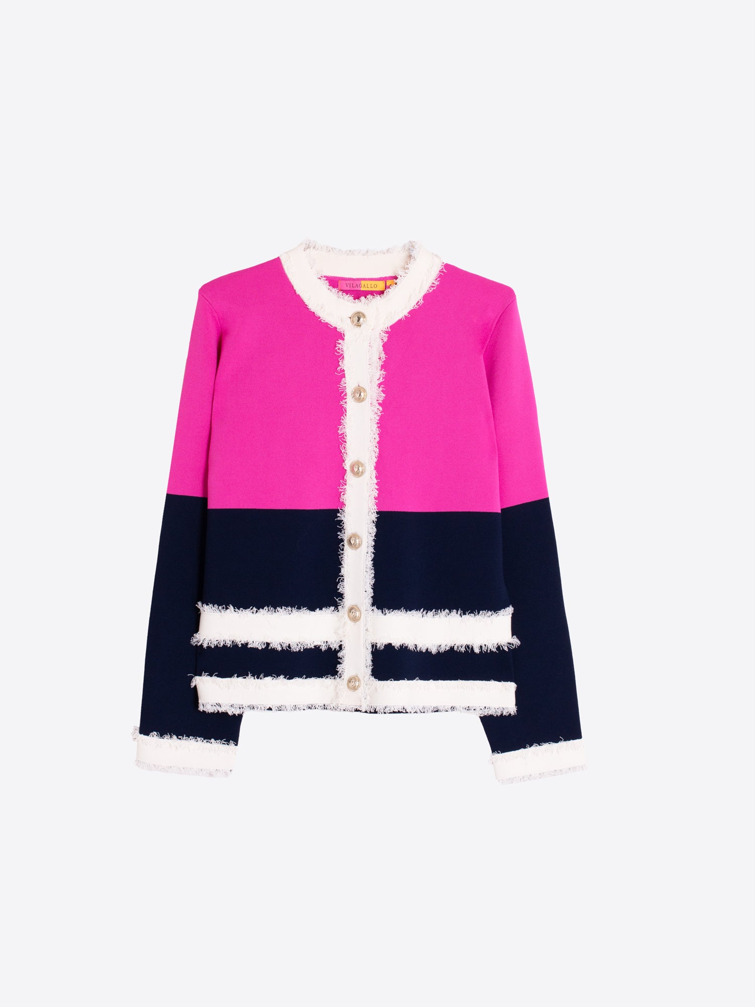 CHAQUETA FUCSIA Y MARINO RIBETES DESHILACHADOS