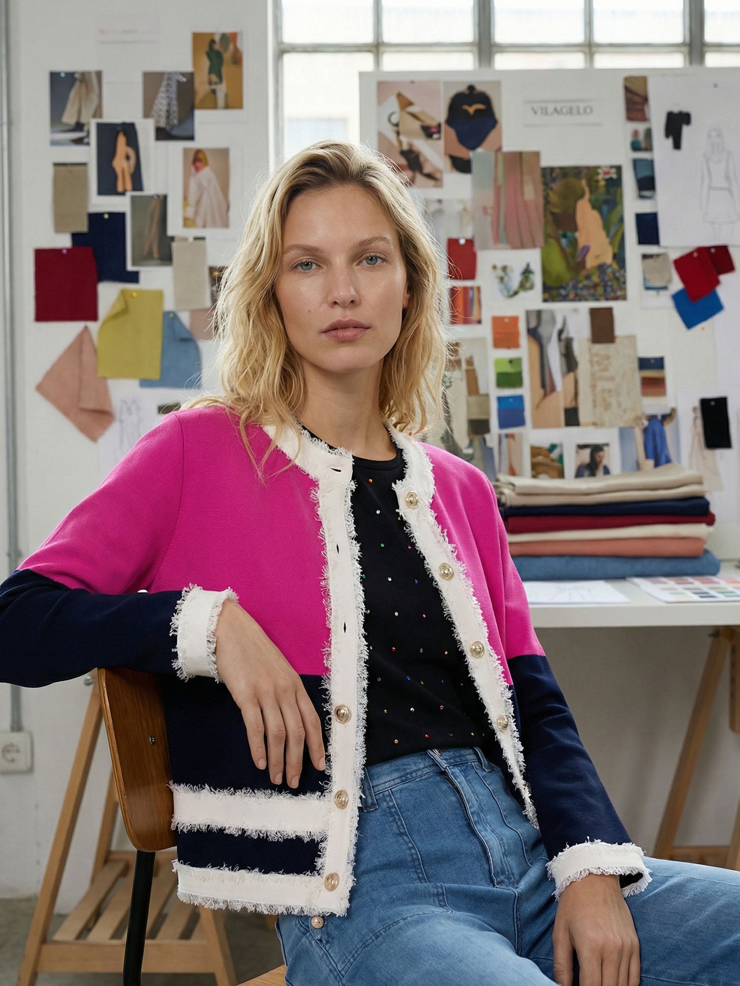 CHAQUETA FUCSIA Y MARINO RIBETES DESHILACHADOS