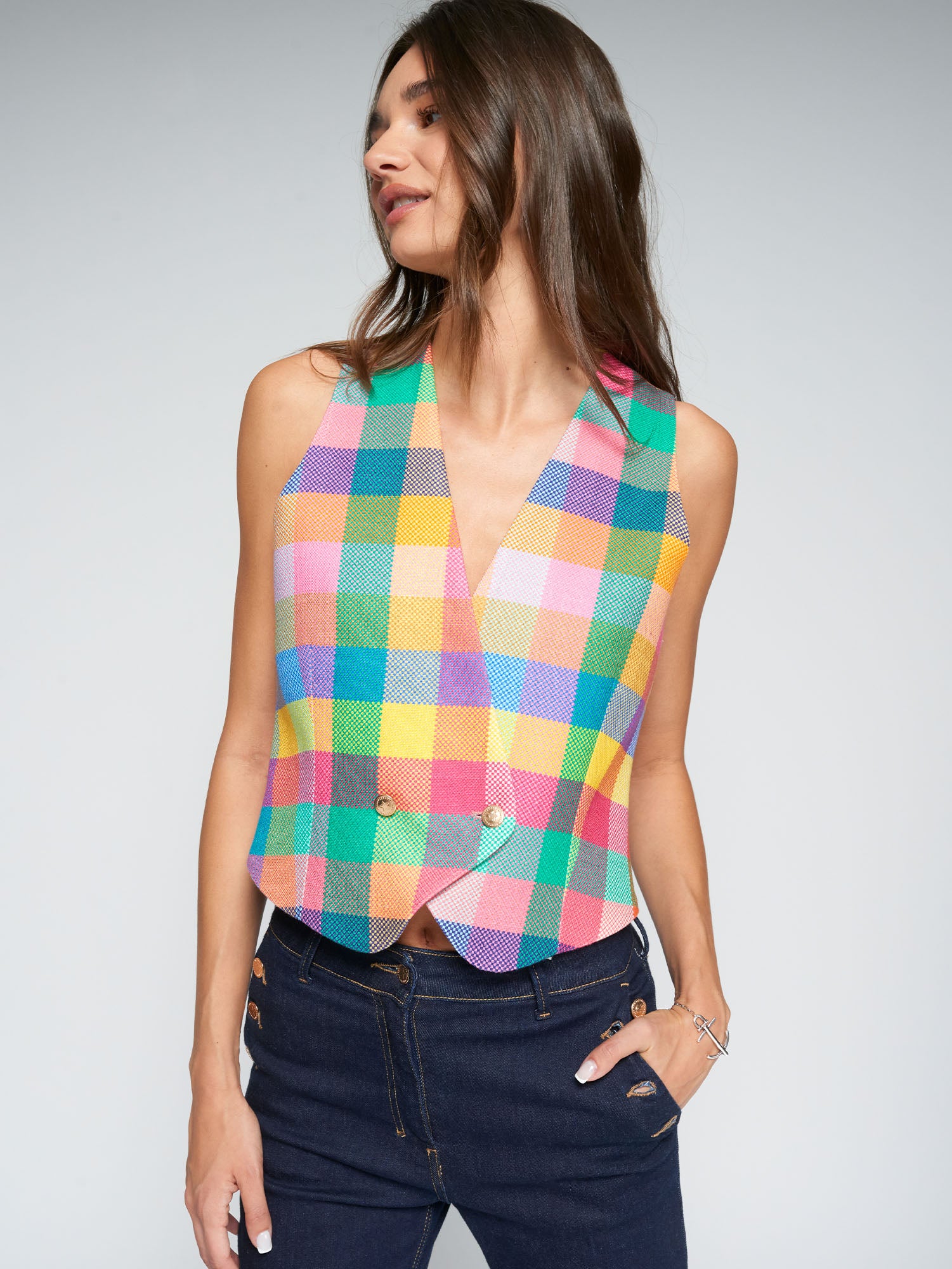 CHALECO CUADROS MULTICOLOR FORRO ESTAMPADO