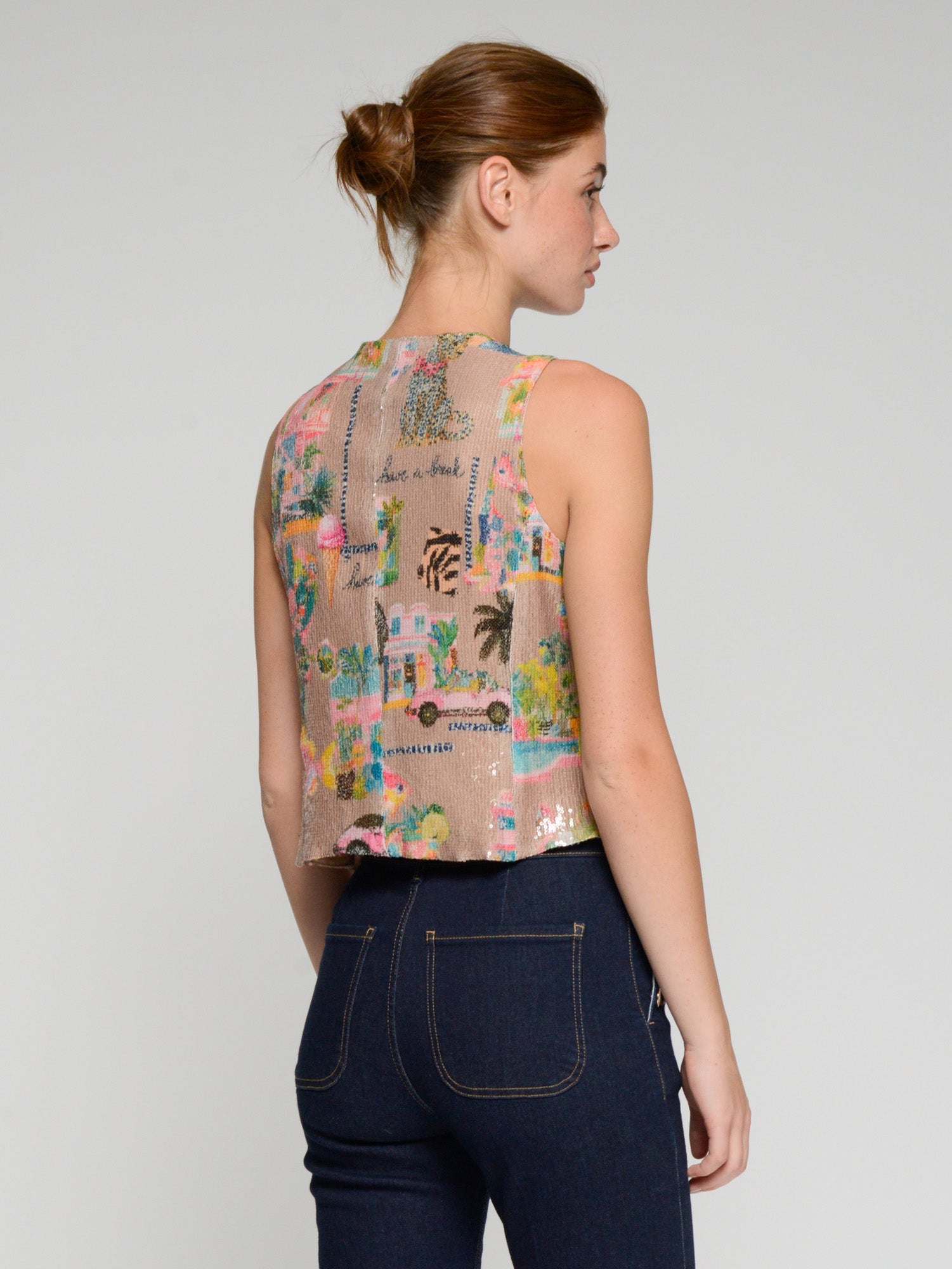 CHALECO BEIGE LENTEJUELAS ESTAMPADO MULTICOLOR