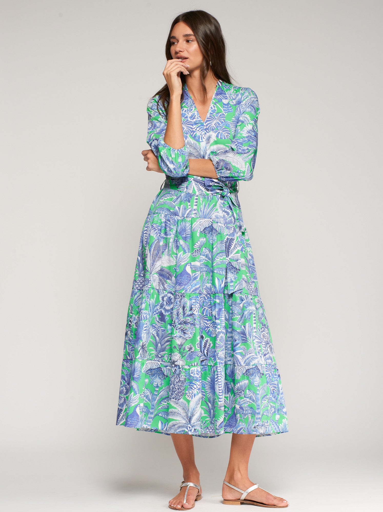 VESTIDO ESTAMPADO VERDE AZUL ESCOTE V