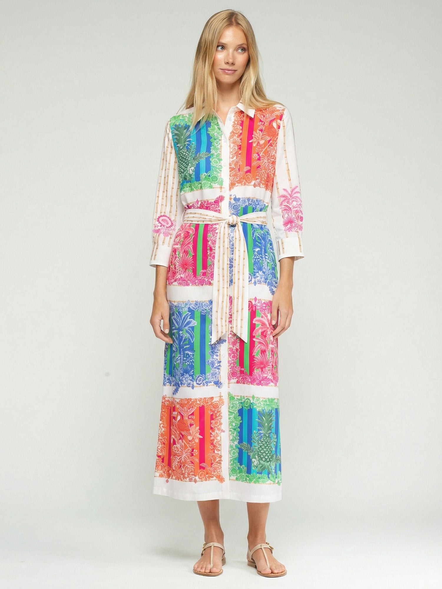 VESTIDO CAMISERO ESTAMPADO TROPICAL MULTICOLOR