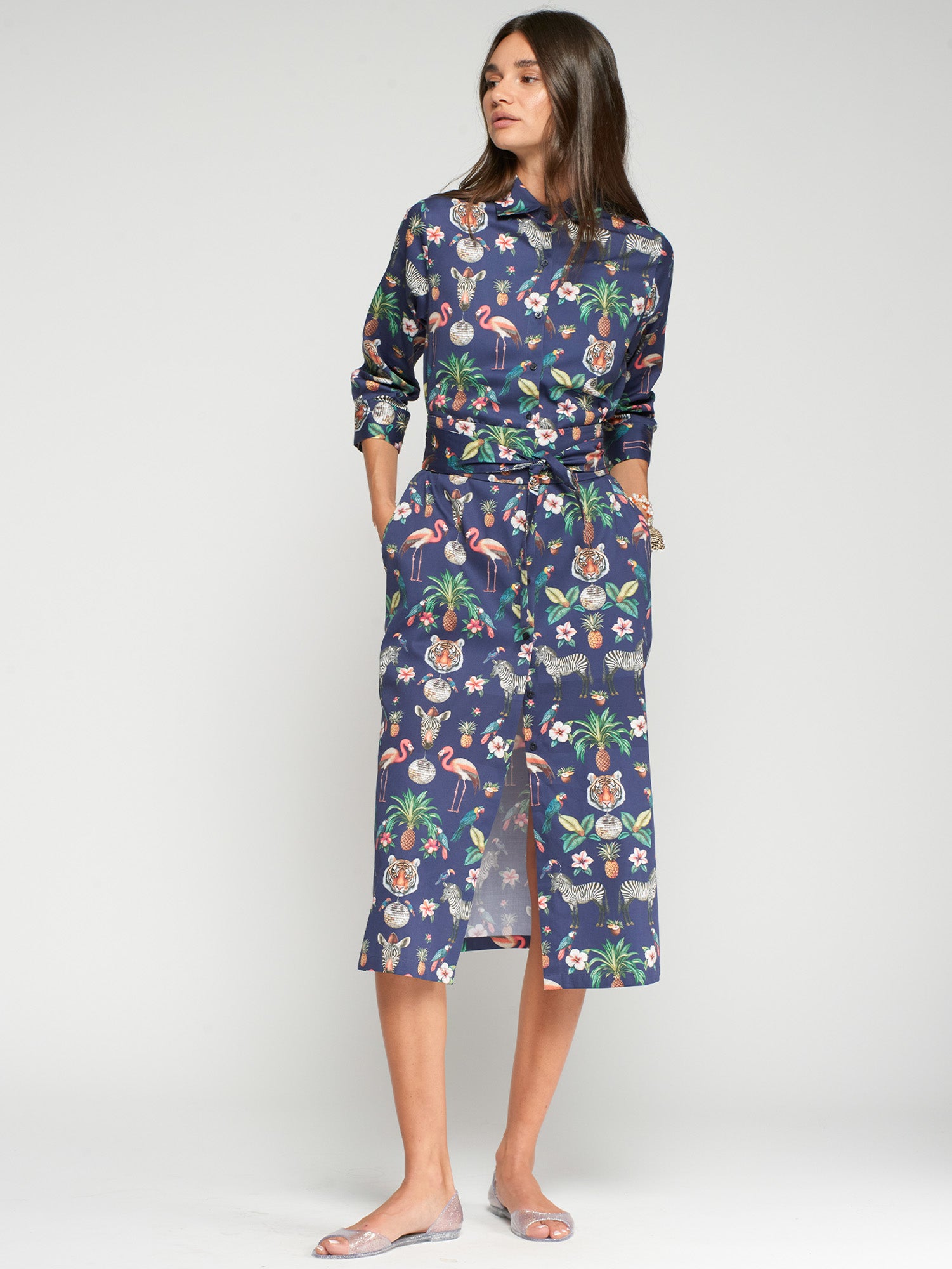 VESTIDO CAMISERO ESTAMPADO SELVA AZUL MARINO