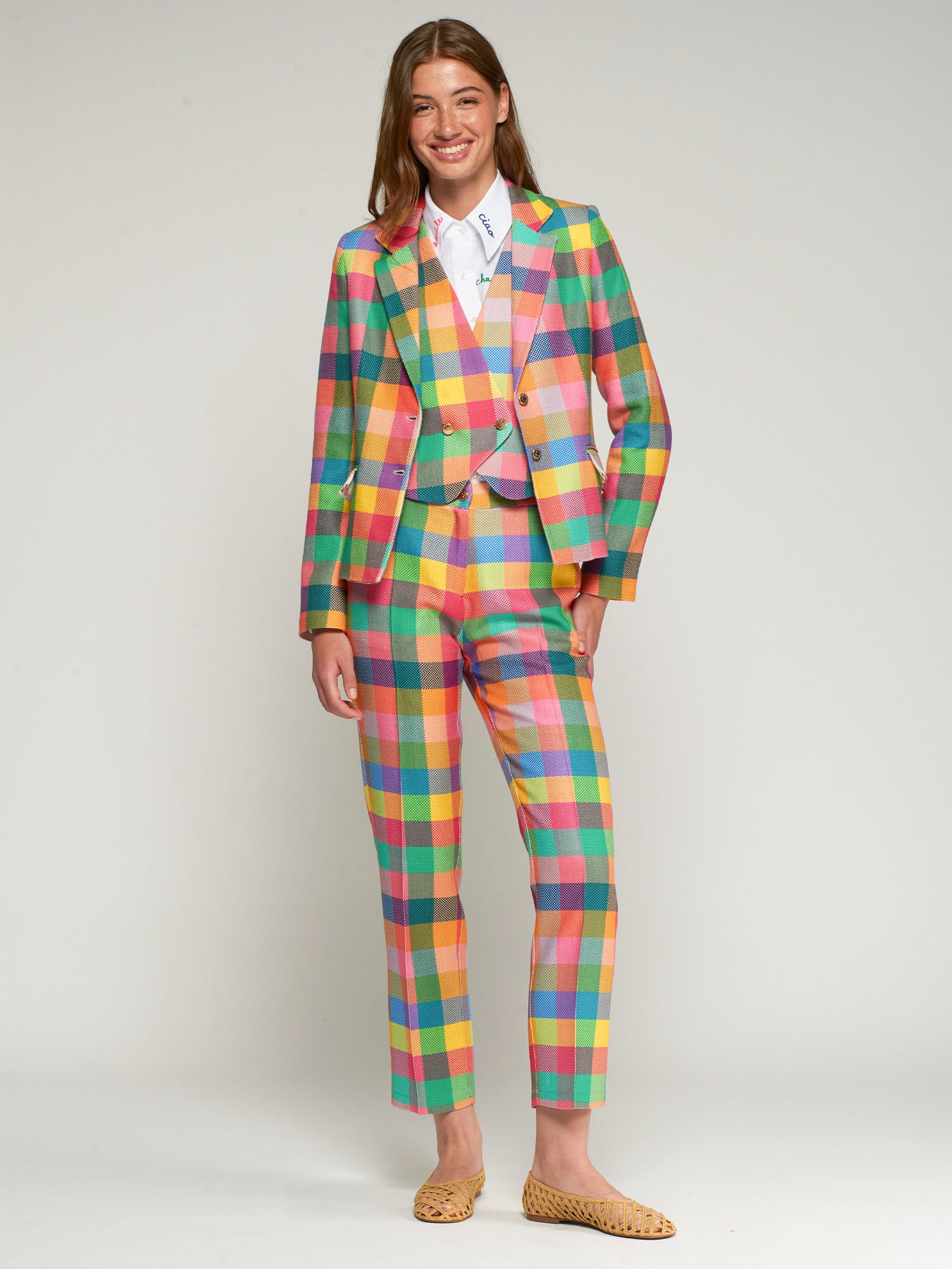 PANTALÓN RECTO ESTAMPADO CUADROS MULTICOLOR